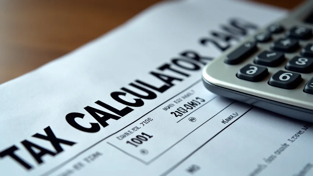 The image shows a simplified US income tax calculator interface, guiding users through the process.